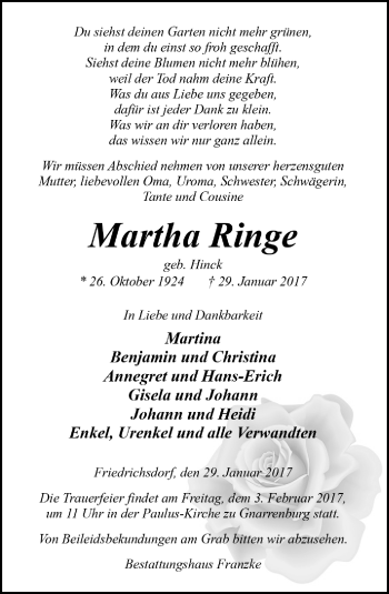 Todesanzeige von Martha Ringe von Trauer.de