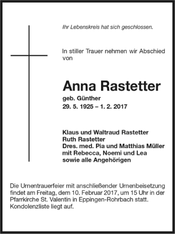 Todesanzeige von Anna Rastetter von Trauer.de