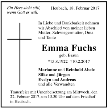 Todesanzeige von Emma Fuchs von Trauer.de