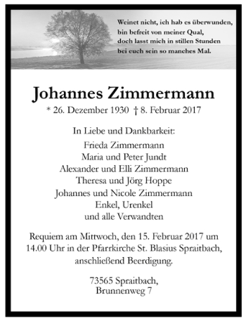 Todesanzeige von Johannes Zimmermann von Trauer.de
