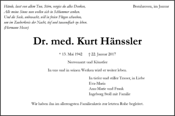 Todesanzeige von Dr. med. Kurt Hänssler von Trauer.de