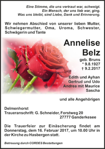 Todesanzeige von Anneliese Belz von Trauer.de