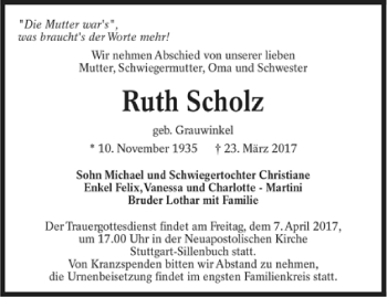 Todesanzeige von Ruth Scholz von Trauer.de