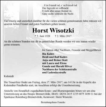 Todesanzeige von Horst Wisotzki von Trauer.de