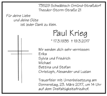 Todesanzeige von Paul Krieg von Trauer.de