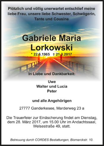 Todesanzeige von Gabriele Maria Lorkowski von Trauer.de