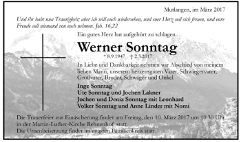 Todesanzeige von Werner Sonntag von Trauer.de