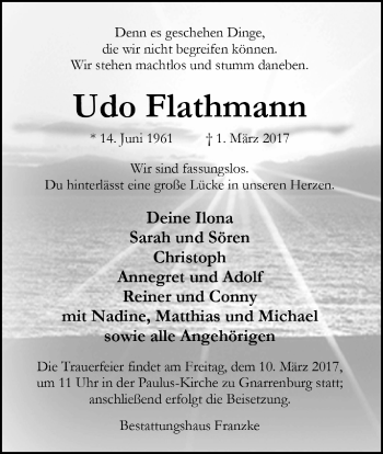 Todesanzeige von Udo Flathmann von Trauer.de