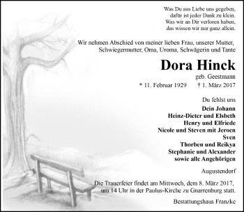 Todesanzeige von Dora Hinck von Trauer.de