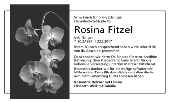 Todesanzeige von Rosina Fitzel von Trauer.de