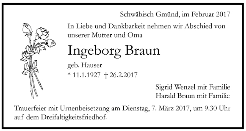  Traueranzeige für Ingeborg Braun vom 01.03.2017 aus Trauer.de