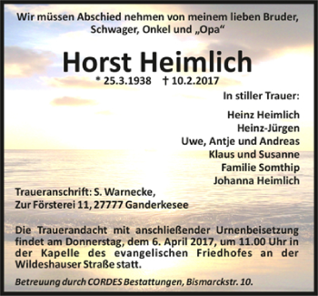 Todesanzeige von Horst Heimlich von Trauer.de