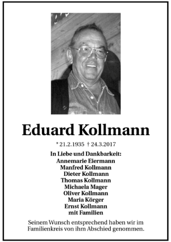 Todesanzeige von Eduard Kollmann von Trauer.de