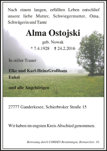 Todesanzeige von Alma Ostojski von Trauer.de