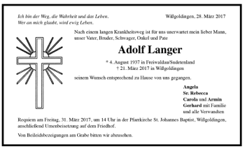 Todesanzeige von Adolf Langer von Trauer.de