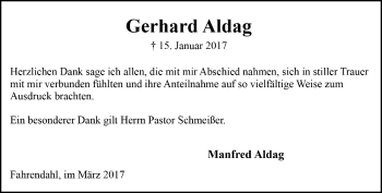 Todesanzeige von Gerhard Aldag von Trauer.de