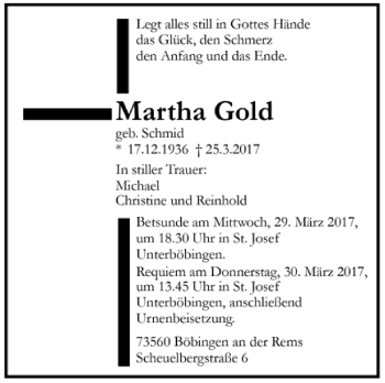 Todesanzeige von Martha Gold von Trauer.de