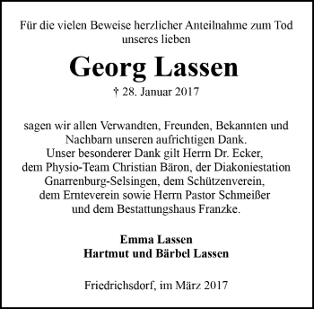 Todesanzeige von Georg Lassen von Trauer.de