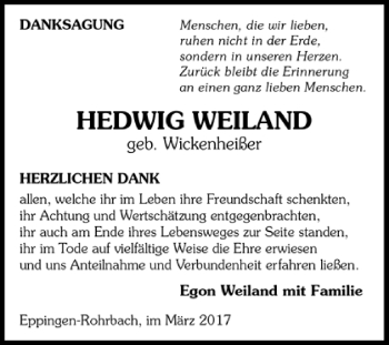 Todesanzeige von Hedwig Weiland von Trauer.de
