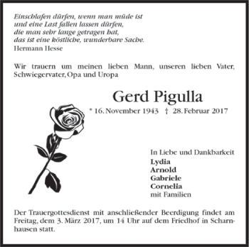 Todesanzeige von Gerd Pigulla von Trauer.de