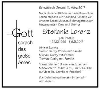 Todesanzeige von Stefanie Lorenz von Trauer.de
