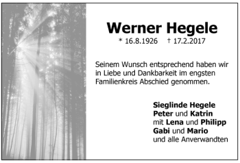 Todesanzeige von Werner Hegele von Trauer.de