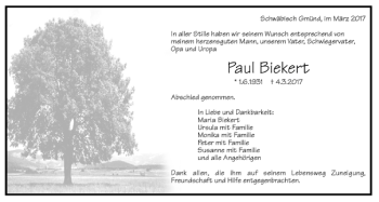 Todesanzeige von Paul Biekert von Trauer.de