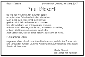 Todesanzeige von Paul Biekert von Trauer.de