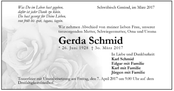 Todesanzeige von Gerda Schmid von Trauer.de