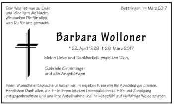 Todesanzeige von Barbara Wolloner von Trauer.de