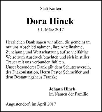 Todesanzeige von Dora Hinck von Trauer.de