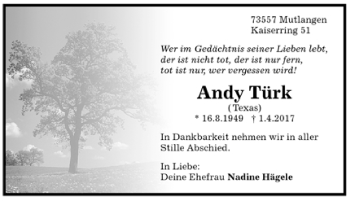 Todesanzeige von Andy Türk von Trauer.de