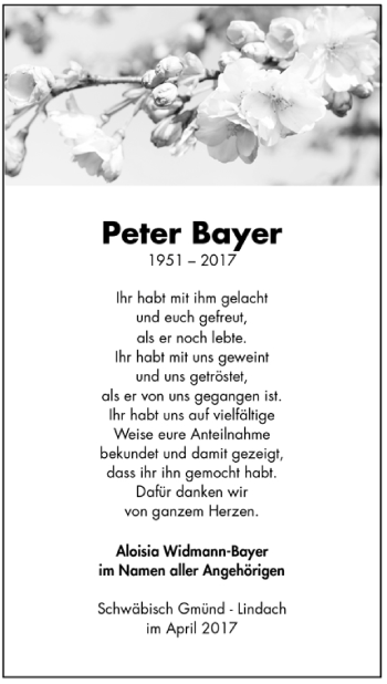 Todesanzeige von Peter Bayer von Trauer.de