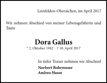 Todesanzeige von Dora Gallus von Trauer.de