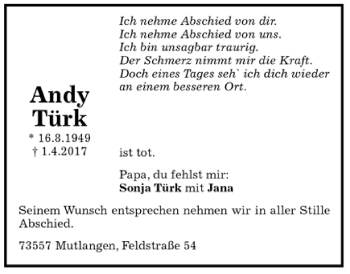 Todesanzeige von Andy Türk von Trauer.de