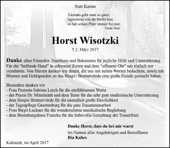 Todesanzeige von Horst Wisotzki von Trauer.de
