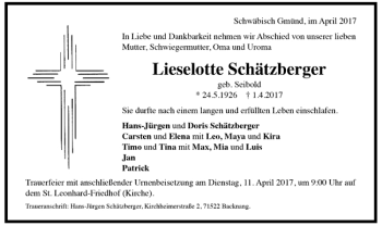 Todesanzeige von Lieselotte Schätzberger von Trauer.de