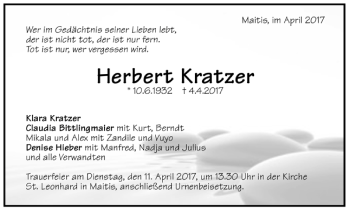 Todesanzeige von Herbert Kratzer von Trauer.de