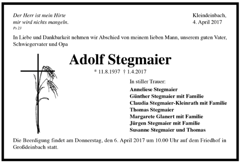  Traueranzeige für Adolf Stegmaier vom 03.04.2017 aus Trauer.de
