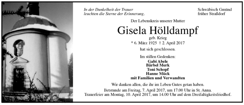  Traueranzeige für Gisela Hölldampf vom 04.04.2017 aus Trauer.de