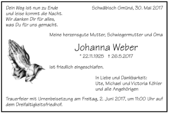 Todesanzeige von Johanna Weber von Trauer.de