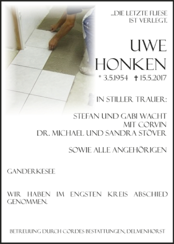 Todesanzeige von Uwe Honken von Trauer.de