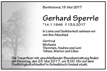 Todesanzeige von Gerhard Sperrle von Trauer.de