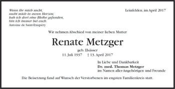 Todesanzeige von Renate Metzger von Trauer.de