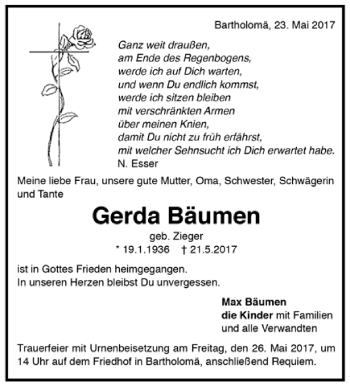 Todesanzeige von Gerda Bäumen von Trauer.de