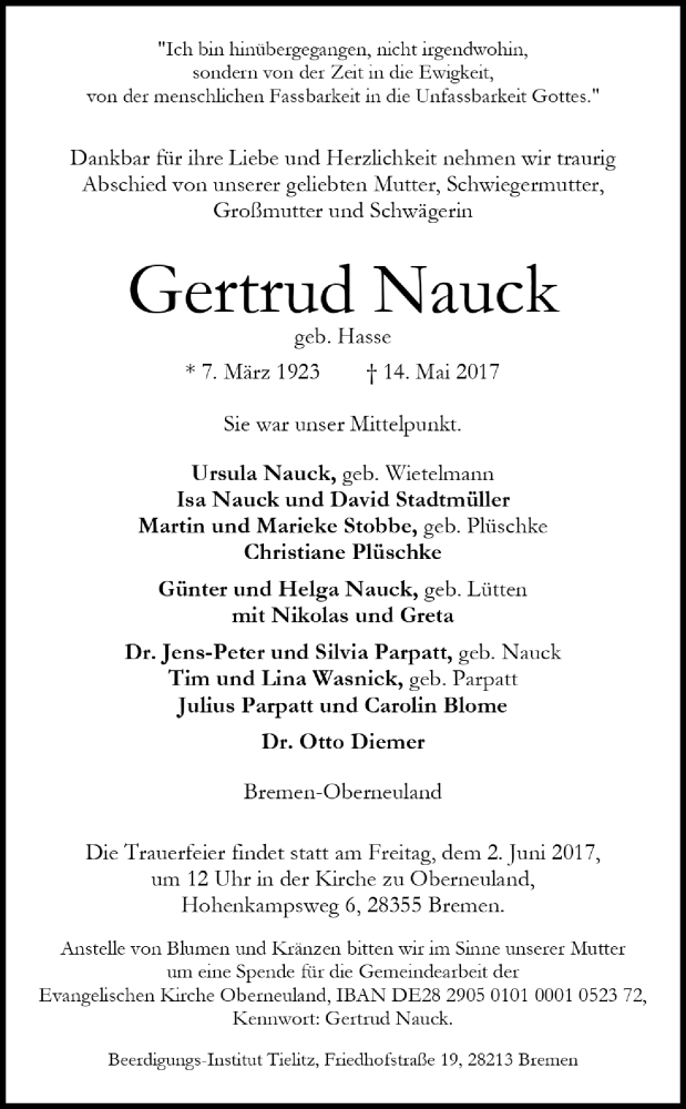  Traueranzeige für Gertrud Nauck vom 19.05.2017 aus Trauer.de