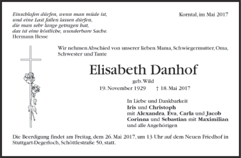 Todesanzeige von Elisabeth Danhof von Trauer.de