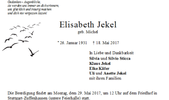 Todesanzeige von Elisabeth Jekel von Trauer.de