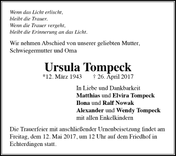 Todesanzeige von Ursula Tompeck von Trauer.de