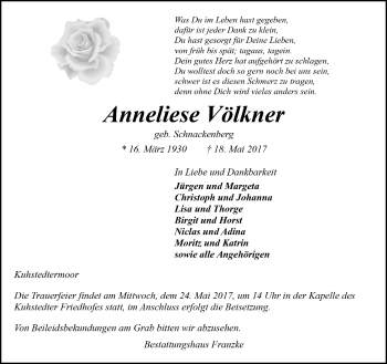 Todesanzeige von Anneliese Völkner von Trauer.de